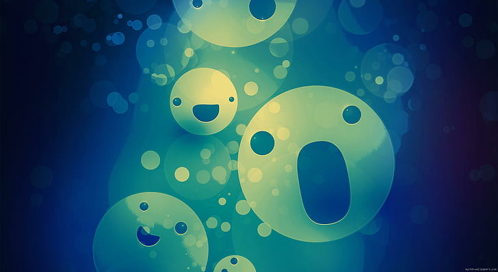 Blue smiley faces, black and grey smiley printed picture, face, smiley, graphic, bubbles, diverse, HD wallpaper