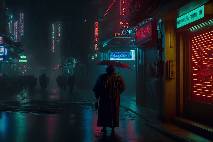 Arte AI, Blade Runner, cyberpunk, noir, ciudad, calle, lluvia, neón, detectives, Fondo de pantalla HD