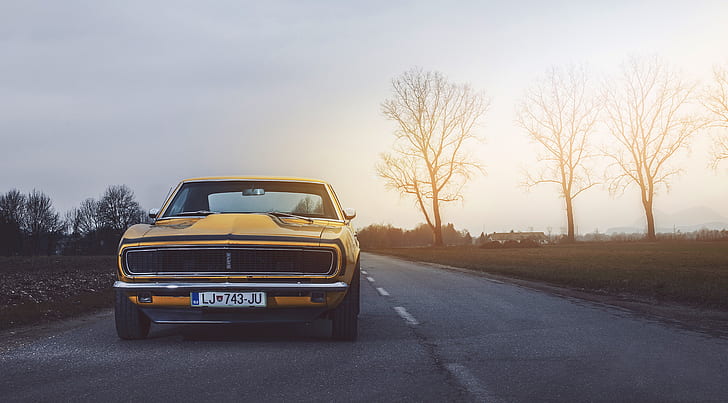 Chevrolet, Muscle, Camaro, USA, Samochód, Zasilanie, Przód, Słońce, Żółty, 1968, Oldy, Tapety HD