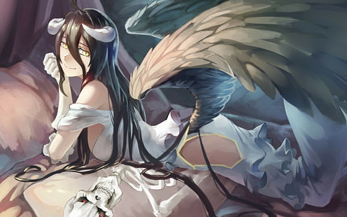 крылья, Overlord (аниме), аниме девушки, длинные волосы, аниме, рога, альбедо (OverLord), желтые глаза, черные волосы, HD обои HD wallpaper