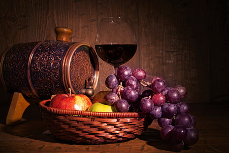 Photography, Still Life, Basket, Fruit, Glass, Grapes, HD wallpaper HD wallpaper