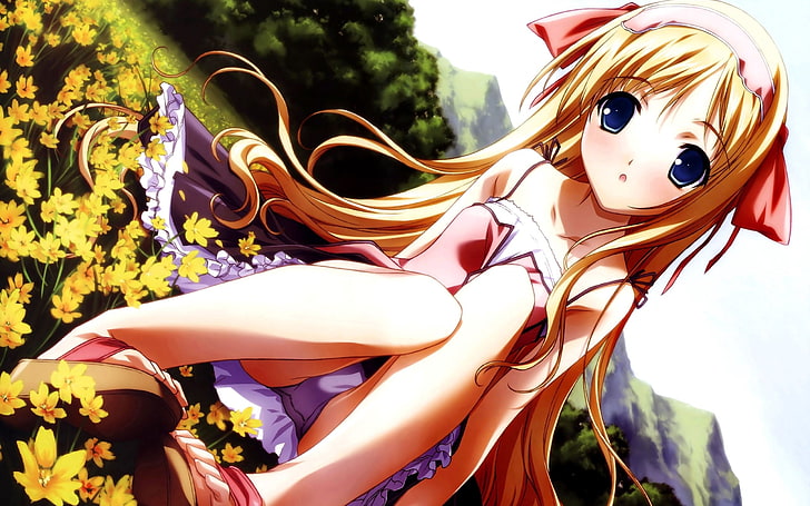 yellow-haired female anime character wallpaper, girl, meadow, flowers, confusion, summer, HD wallpaper