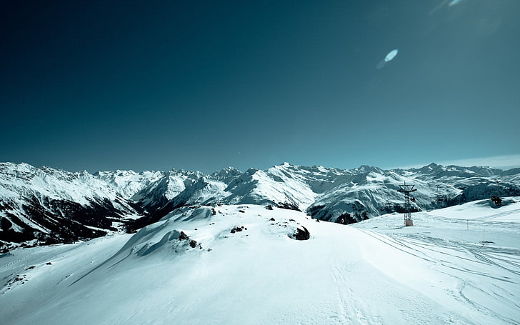 snowy field, landscape, nature, sky, snow, mountains, snowy peak, clear sky, lens flare, HD wallpaper