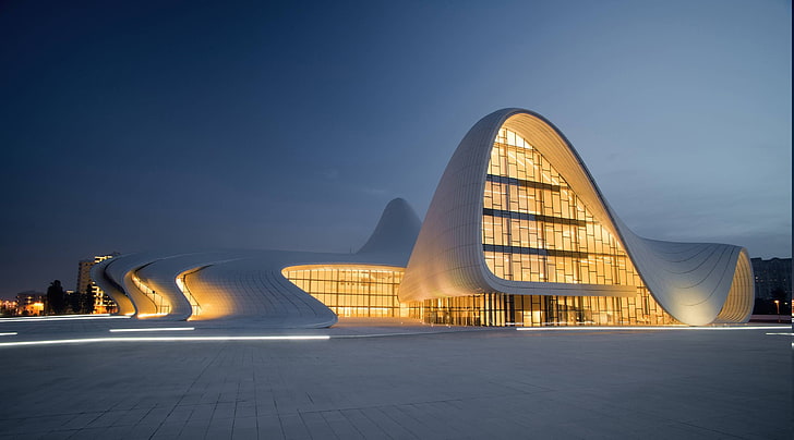 architettura, Azerbaigian, edificio, cielo sereno, sera, paesaggio, luci, moderno, piastrelle, piazza, Sfondo HD