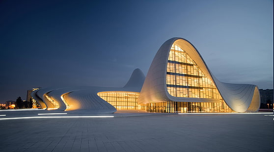 архитектура, азербайджан, здание, ясное небо, вечер, пейзаж, огни, модерн, плитка, городская площадь, HD обои HD wallpaper