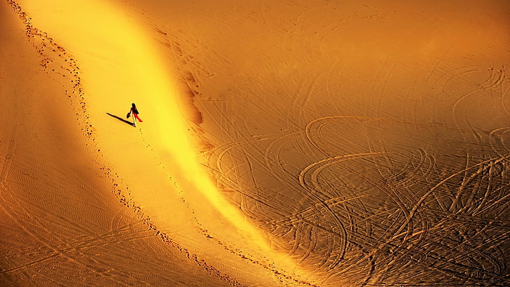 aerial view, nature, landscape, desert, sand, women, footprints, sunlight, shadow, tire tracks, HD wallpaper