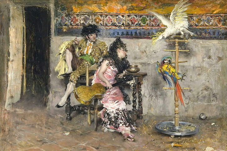 picture, genre, Giovanni Boldini, Couple in Spanish dress with Two Parrots, HD wallpaper