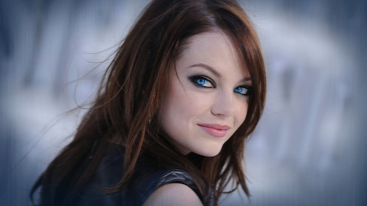 women's black top, women, Emma Stone, redhead, smiling, looking at viewer, actress, face, celebrity, leather jackets, HD wallpaper