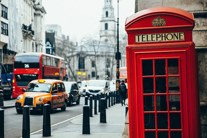 Лондонский трафик, Красный, Лондон, Автомобиль, Телефонная будка, Автобус, Такси, HD обои