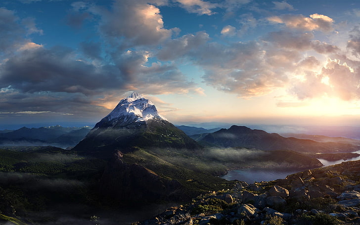 góra z alpami, góra pokryta śniegiem pod zachmurzonym niebem podczas wschodu słońca, góry, lód, krajobraz, chmury, natura, Tapety HD