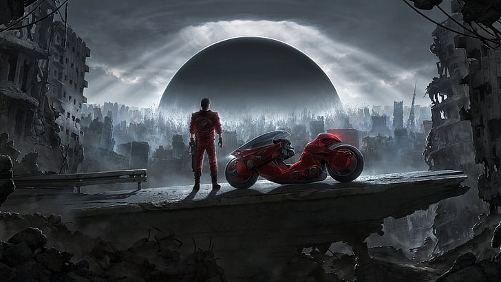 빨간 오토바이 벽지, 애니메이션 소년, 아키라 옆에 서있는 사람, HD 배경 화면