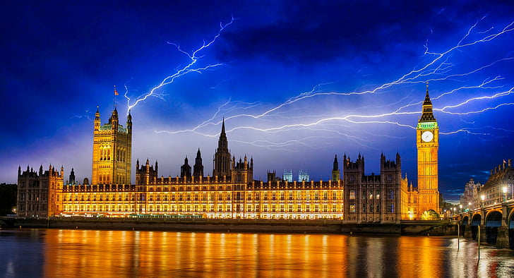 Palaces, Palace Of Westminster, Big Ben, Lightning, London, Monument, Night, United Kingdom, HD wallpaper