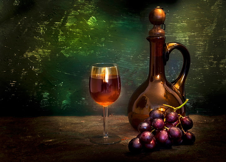 clear wine glass, glass, bottle, grapes, bunch, Still life, HD wallpaper