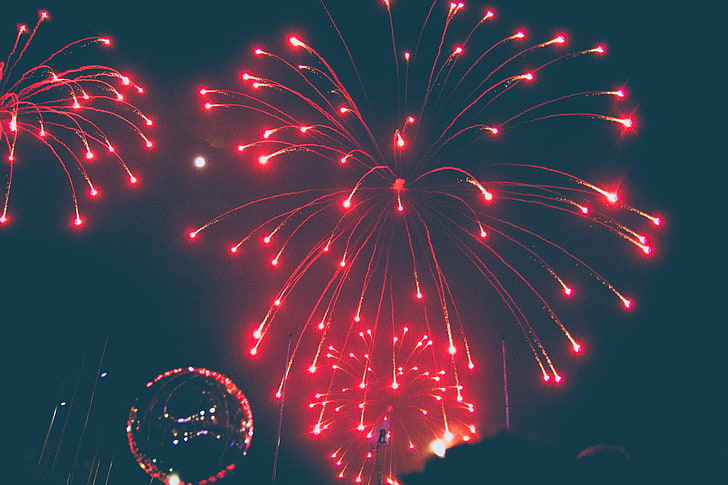 fuochi d'artificio rossi, saluto, giorno festivo, rosso, cielo, Sfondo HD