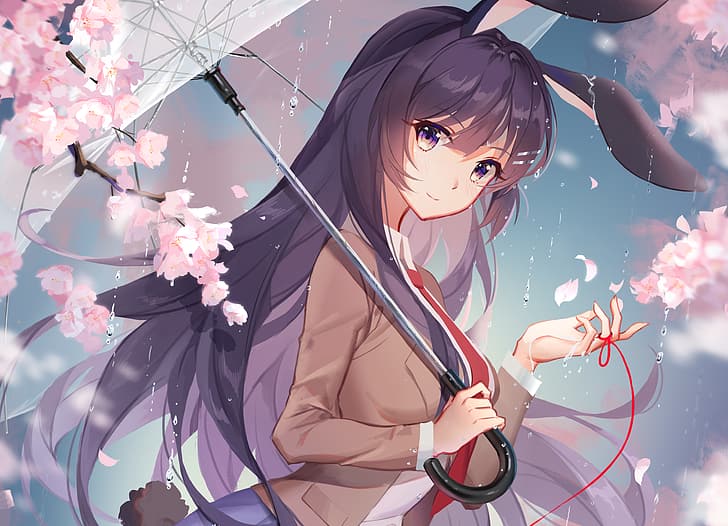 Seishun Buta Yarou wa Bunny Girl Senpai no Yume o Minai, mai sakurajima, fleur de Sakura, uniforme scolaire, cheveux foncés, cheveux longs, pluie, filles anime, parapluie, regardant la visionneuse, Fond d'écran HD