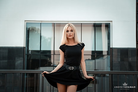 여자, 모델, 금발, 검은 드레스, 인물, Andrey Kramar, 긴 머리, 뷰어를보고, HD 배경 화면 HD wallpaper