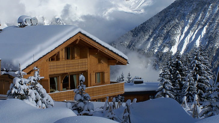 Chalet In Deep Snow, mountain, winter, chalet, clouds, nature and landscapes, HD wallpaper