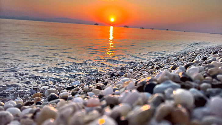 beach, hanioti beach, pebble beach, pebble, greece, sunset, orange sky, orange sunset, HD wallpaper