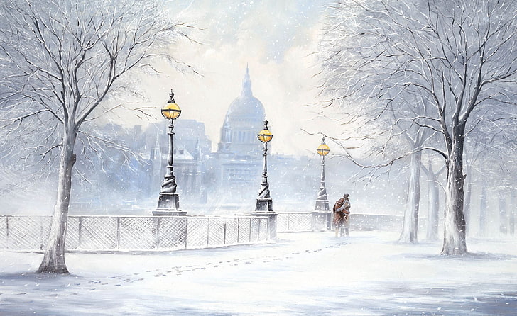 snow covered trees painting, winter, snow, trees, traces, the city, street, picture, lights, two, snowfall, Boulevard, Jeff Rowland, HD wallpaper