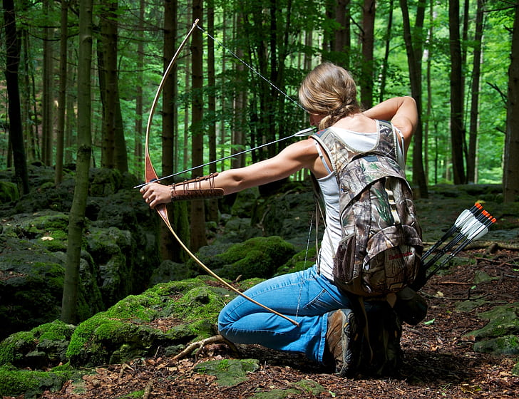 mujer, pose, tiro con arco, caza con arco, Fondo de pantalla HD