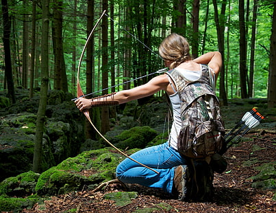 mujer, pose, tiro con arco, caza con arco, Fondo de pantalla HD HD wallpaper