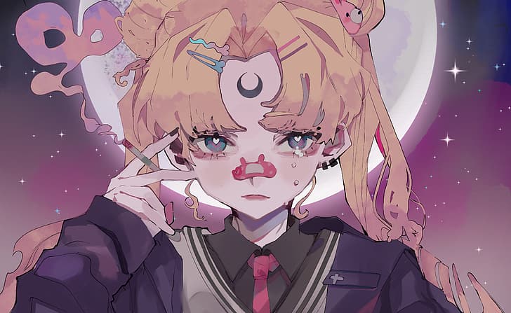 Tsukino Usagi, Sailor Moon, портретен дисплей, пушене, ретро стил, произведения на изкуството, фен изкуство, илюстрация, HD тапет