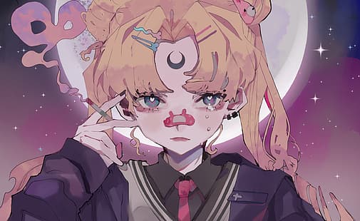 Tsukino Usagi, Sailor Moon, pantalla de retrato, fumar, estilo retro, ilustraciones, fan art, ilustración, Fondo de pantalla HD HD wallpaper