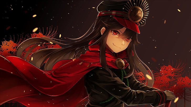 Fate/Grand Order, Oda Nobunaga (Fate/Grand Order), hat, cape, gloves, chains, petals, flowers, weapon, sword, katana, HD wallpaper