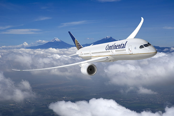 เครื่องบินคอนติเนนตัลสีขาวท้องฟ้าเมฆขาวเครื่องบินโลกปีกการบินในอากาศแมลงวันสายการบิน, วอลล์เปเปอร์ HD