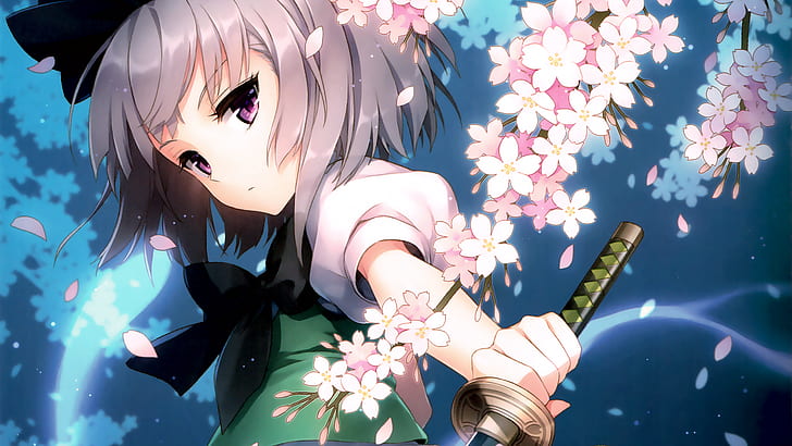 Touhou, an2a, Konpaku Youmu, cherry blossom, flowers, katana, HD wallpaper
