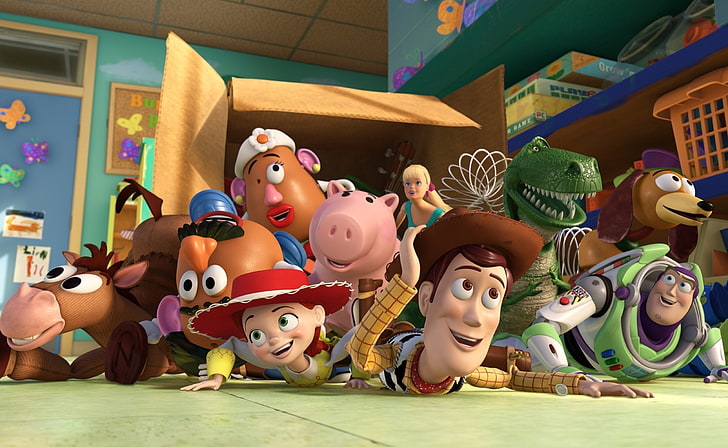 Toy Story 3 Box Toy, Toy Story cast poster, Cartoni animati, Toy Story, Story, Sfondo HD