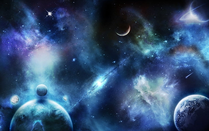 ilustracja galaktyki, planety, gwiazdy, przestrzeń, wszechświat, plamy, rozmycie, Tapety HD