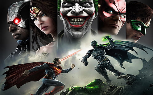 Wallpaper DC Injustice, senyum, batman, superman, joker, lentera hijau, flash, Wonder woman, Injustice: Gods Among Us, Wallpaper HD HD wallpaper