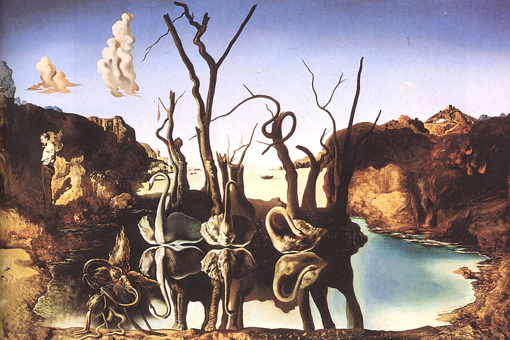 papel de parede do deserto, surrealismo, foto, artista, cisnes, Salvador Dali, refletindo em elefantes, 1937, pintor, HD papel de parede