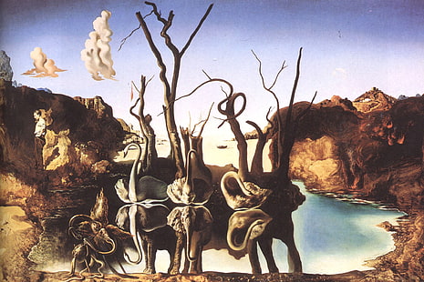 desert wallpaper, surrealism, picture, artist, swans, Salvador Dali, reflecting in elephants, 1937, painter, HD wallpaper HD wallpaper