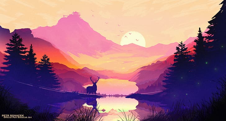 sunset, deer, forest, mountains, birds, digital art, 4K, lake, HD wallpaper