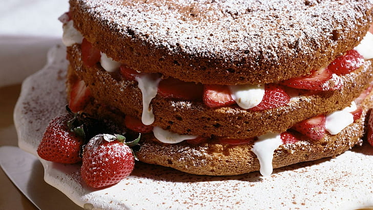 딸기 케이크, 딸기, 생일, 음식, 케이크, 딸기, 3d와 추상 빵, HD 배경 화면