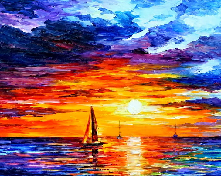 leonid afremov peinture bateau coloré mer coucher de soleil, Fond d'écran HD