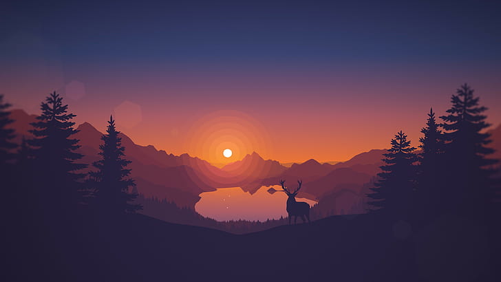 zachód słońca rysunek zwierzęta jezioro krajobraz jelenie grafika sylwetka natura sztuka cyfrowa drzewa sosny wzgórza czyste niebo wektor ciepłe kolory gry wideo firewatch, Tapety HD