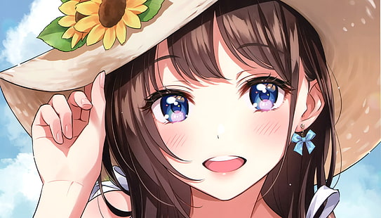 Anime, original, blå ögon, brunt hår, flicka, hatt, HD tapet HD wallpaper