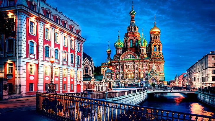 血の上の救世主、教会、サンクトペテルブルク、ロシア、都市、血の上の救世主教会、聖ペテルブルグ、夕方、夕暮れ、川、観光名所、都市景観、 HDデスクトップの壁紙
