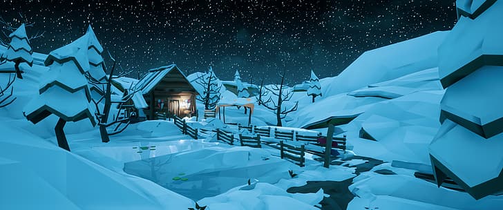 low poly, voxels, winter, snow, stars, cabin, digital, animation, night, Christmas, HD wallpaper
