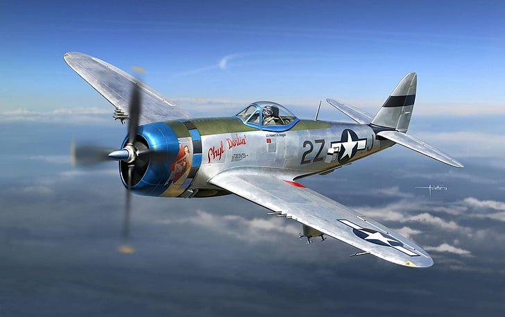 gray and blue airplane, aircraft, war, art, airplane, painting, aviation, drawing, ww2, dogfight, air combat, p 47 thunderbolt, HD wallpaper