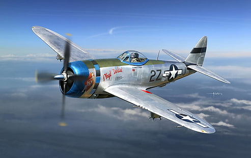 gray and blue airplane, aircraft, war, art, airplane, painting, aviation, drawing, ww2, dogfight, air combat, p 47 thunderbolt, HD wallpaper HD wallpaper