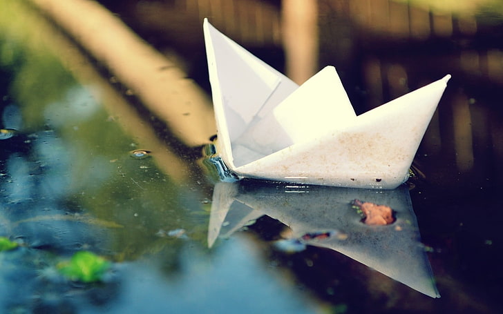 white paper boat, paper boat, water, fall, origami, HD wallpaper