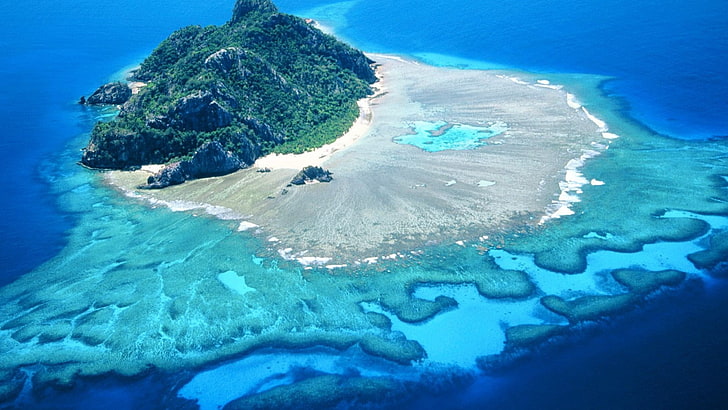 fotografia aerea di terra in mezzo al mare, isola, mare, Sfondo HD
