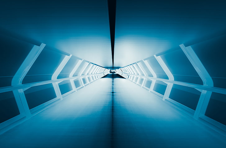 белый бетонный тоннель, свет, синий, перспектива, тоннель, HD обои
