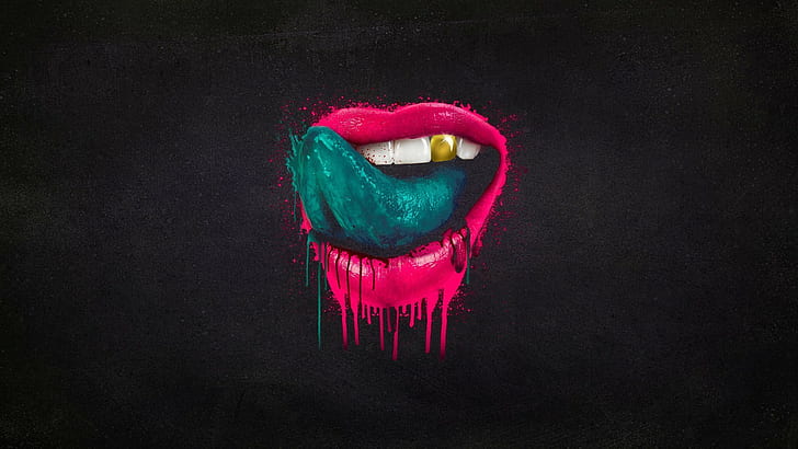 bibir lidah gigi cat memerciki karya seni latar belakang gelap, Wallpaper HD