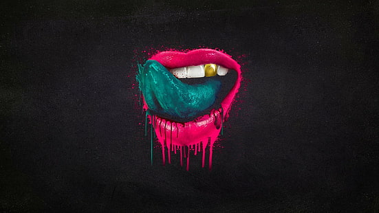 lips tongues teeth paint splatter dark background artwork, HD wallpaper HD wallpaper
