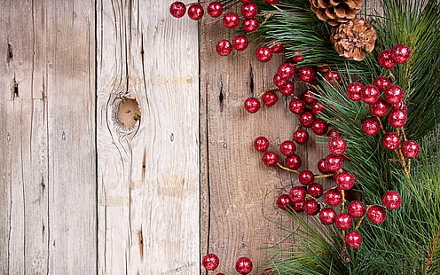 Branche, pommes de pin, décoration de boules rouges, Noël, nouvel an, Branche, pin, pommes de terre, rouge, boules, décoration, Noël, nouveau, année, Fond d'écran HD HD wallpaper